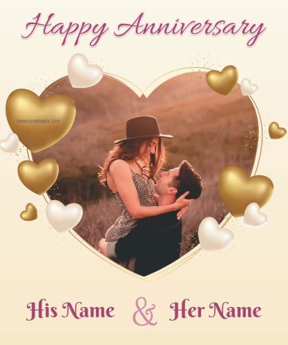 Heart Photo Frame Anniversary Wishes With Name Edit Card
