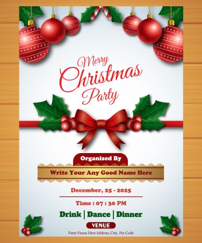 Party Invitation Merry Christmas Card Fully Customized Details Text Write