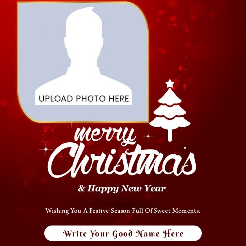Celebrate Christmas Red Background Card Name And Photo Add Frame